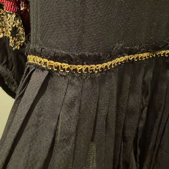 Free People Wild One Peasant Mini Dress SizeS Black Gold Embroidered Drop Waist - Picture 9 of 16